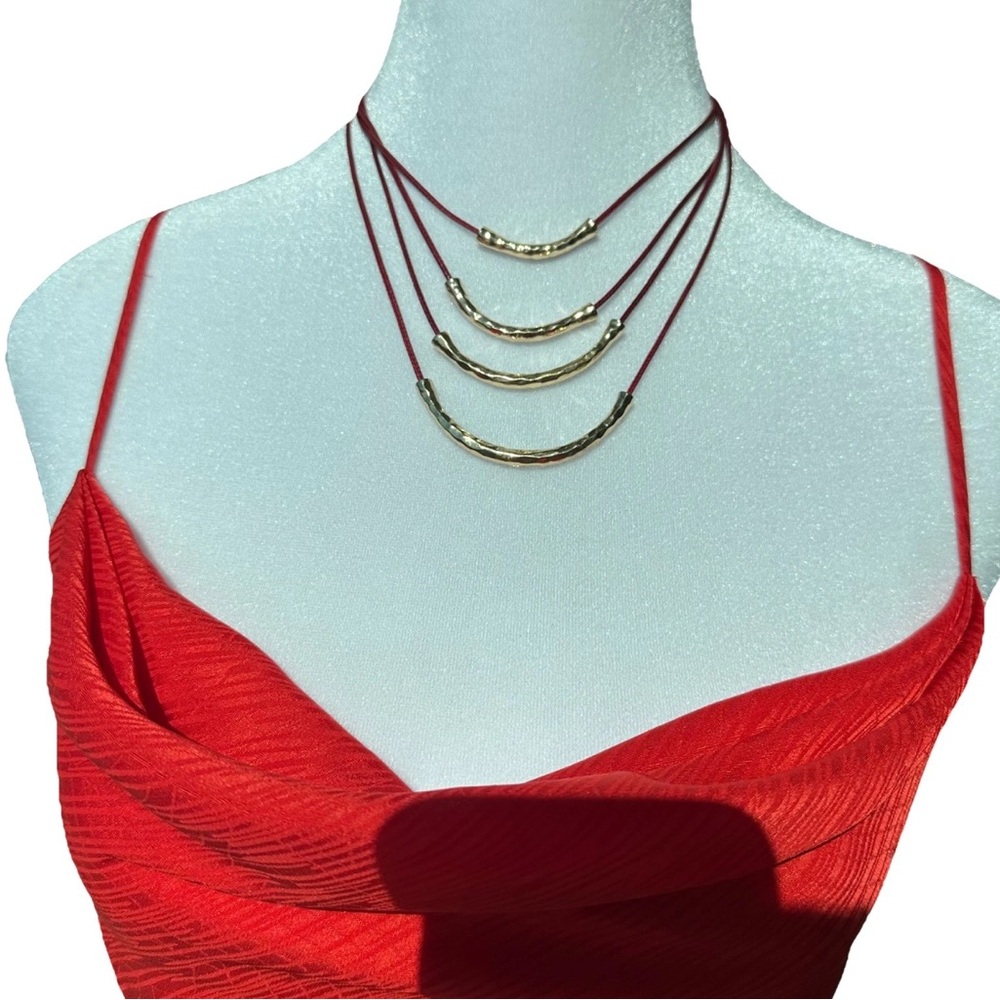 Red rope Necklace with gold accents